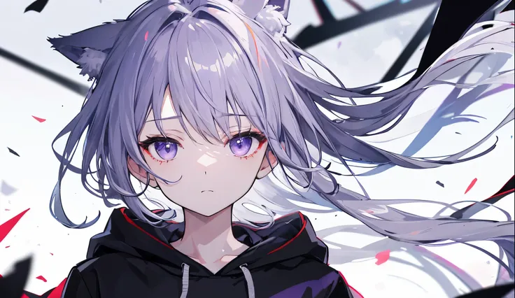 ((Best Quality)),up、Wearing a black hoodie、looked lonely、He had gray hair and furry ears.、Purple-eyed、wolf girl。The back is black。The wind is blowing、Hair is fluttering。