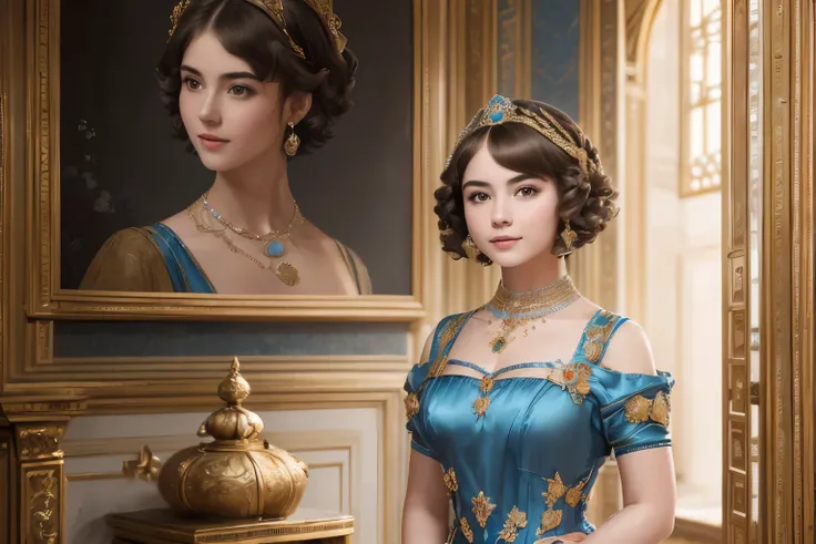 142
(a 20 yo woman,in the palace), (A hyper-realistic), (high-level image quality), ((beautiful hairstyle 46)), ((short-hair:1.46)), (kindly smile), (breasted:1.1), (lipsticks), (wearing a blue dress), (murky,wide,Luxurious room), (florals), (an oil painti...