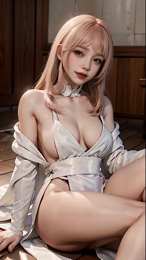 body: pale skin, strawberry blonde hair, girl, hair down,  slightly freckled, slight overweight, soft, busty, navel
clothing: hair ribbon, thin sheer robe, low opacity fabric
pose: blushing, slightly smiling, bliss, lying down, legs parted, hands in pantie...