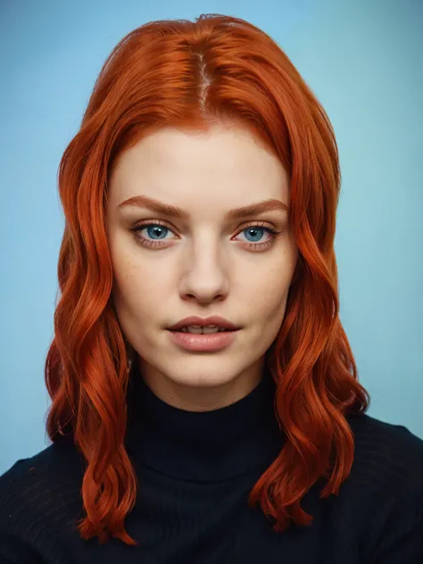 there is a woman with red hair and blue eyes in a black turtle neck sweater, sultry