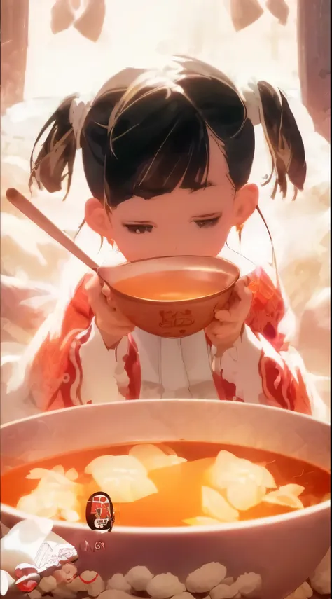 animemanga girl, Anime food,Little girl holding a bowl and drinking porridge style artwork, little girl drinking porridge, of a cute girl, Anime style 4k, lovely digital painting, Anime art wallpaper 8 K, change, 4k manga wallpapers，Laba porridge，warm ambi...