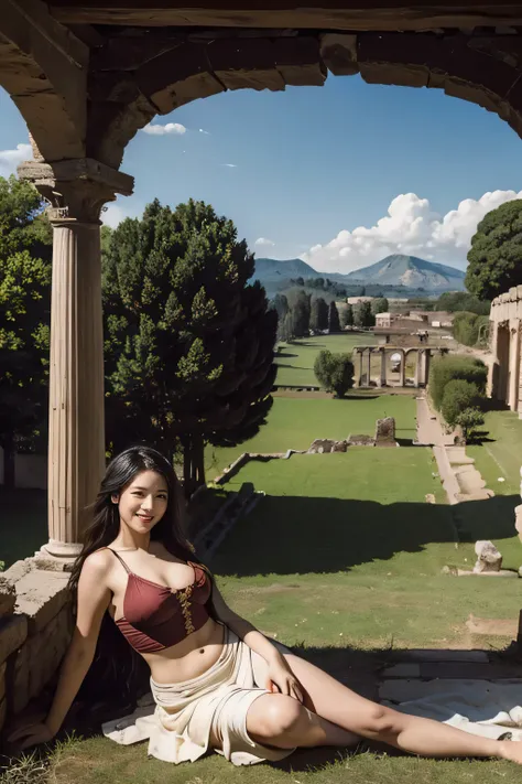 Ancient Roman ruins,Poussin-style landscape,A smile,,Sweet and seductive appearance.、Caravaggios paintings、Chiaroscuro of Caravaggio、Hair disheveled in the wind,Two women frolicking,Cute smile, Expression of ecstasy,A sexy,erotick,Sit on the ground