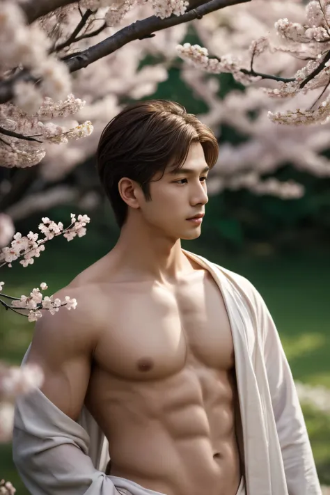 masterpiece,extremely detailed CG unity 8k wallpaper,1boy, beautiful, realistic, blurry, blurry_background, blurry_foreground, branch, brown_hair, plum blossom, depth_of_field, flower, nose, realistic, solo,chinese clothes, only wearing nothing, completely...