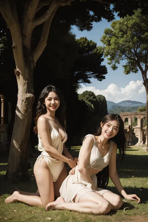 Ancient Roman ruins,Poussin-style landscape,A smile,,Sweet and seductive appearance.、Caravaggios paintings、Chiaroscuro of Caravaggio、Hair disheveled in the wind,Two women frolicking,Cute smile, Expression of ecstasy,A sexy,erotick,Sit on the ground