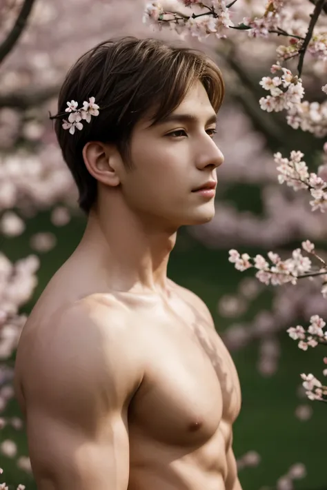 masterpiece,extremely detailed CG unity 8k wallpaper,1boy, beautiful, realistic, blurry, blurry_background, blurry_foreground, branch, brown_hair, plum blossom, depth_of_field, flower, nose, realistic, solo, only wearing nothing, completely naked, looking ...