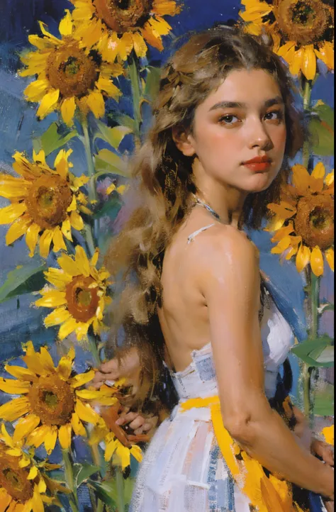 Stylized poster, Russian beauty, in sunflowers, (artist Andrey-Remnev), ((Best Quality, tmasterpiece)), Extreme detailing, 8K