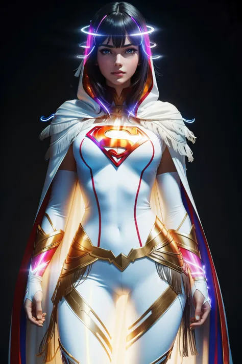 Bust to waist ((perfect face)) perfect skin, hyperrealistic masterpiece, Superheroine european girl ((fringe glowing colorful)) in extremely complex & superdetailed tight plugsuit ((with white cape)), cinematic illumination: 8k