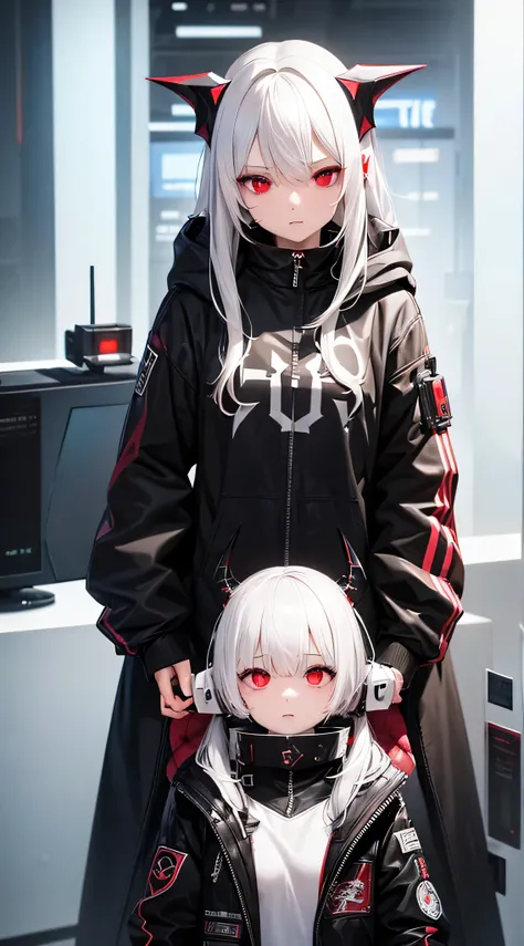 1 girl, white hair, oversized black hoodie, cyber daemon, loli, cyberpunk, ((cyber horns)), red eyes, cyberware, dreamy cyberpunk girl, cyberpunk art ultrarealistic,