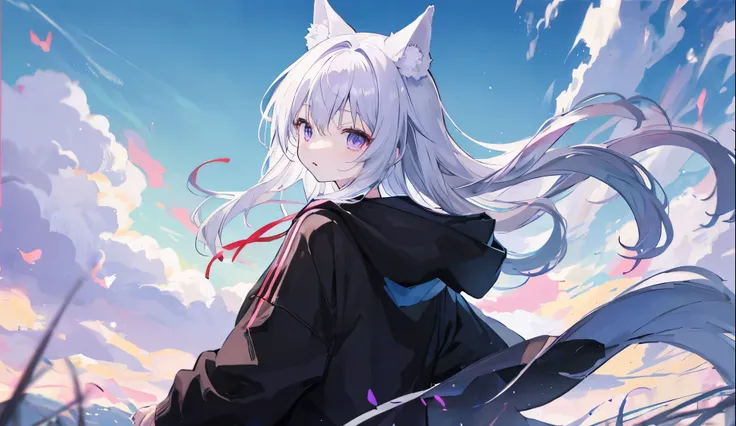 ((Best Quality)),up、Wearing a black hoodie、He had gray hair and furry ears.、Purple-eyed、wolf girl。The back is black。The wind is blowing、Hair is fluttering。