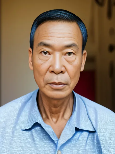 ((masterpiece), (best quality), (raw photo), (photorealistic:1.4), Highly realistic photo, Portrait of a 75 year old Vietnamese old man, ((dark hair)), white shirt, The light from above shines down, (dark background), photo taken in 1975 by Fujifilm XT3