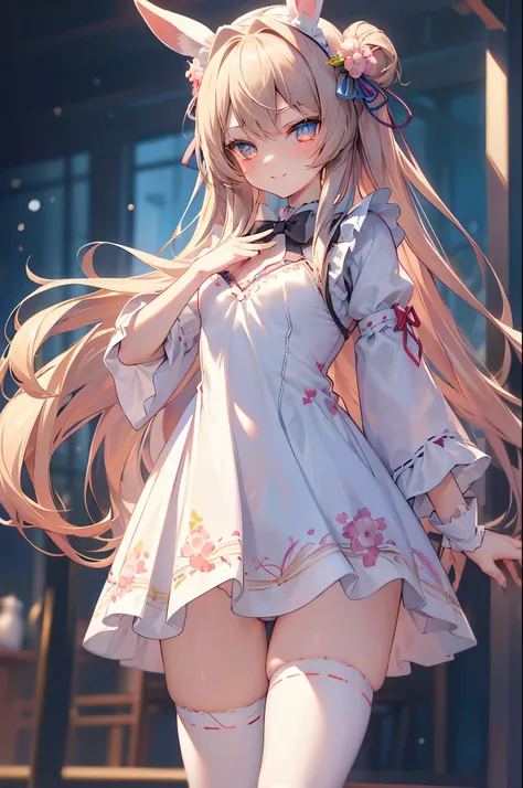 ((4ｋ、8ｋ、top-quality、Perfect Finger：1.Elfect Anatomy：1.3、Blur the background))、Rabbit ears、cute petit girl、((Beautiful patterned kimono maid leotard、sixteen years old、a beautiful slender girl、a baby face、Straight long hair))、(Beautiful big drooping eyes)、cl...