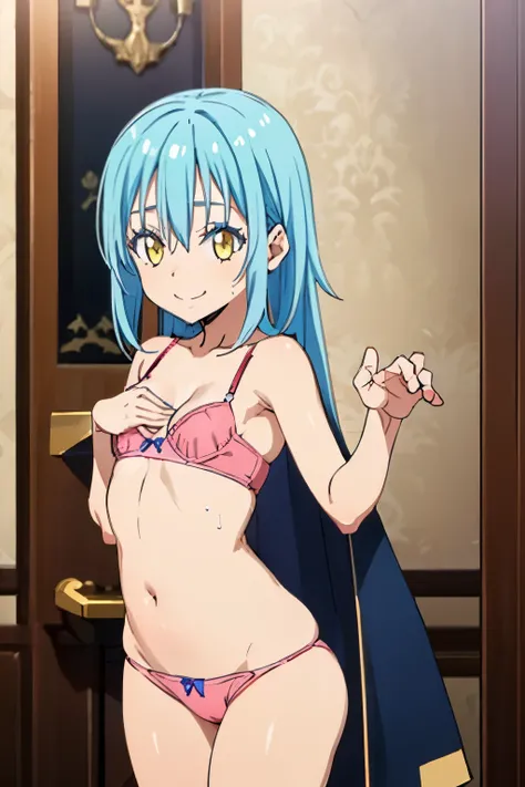 masterpiece, best quality, wallpaper, 1girl, solo, looking at viewer , rimuru_tempest, blue hair, yelow eyes, long hair, ((((small breast)))),(panties), bedroom, smile, bra, (((sexy pose)))