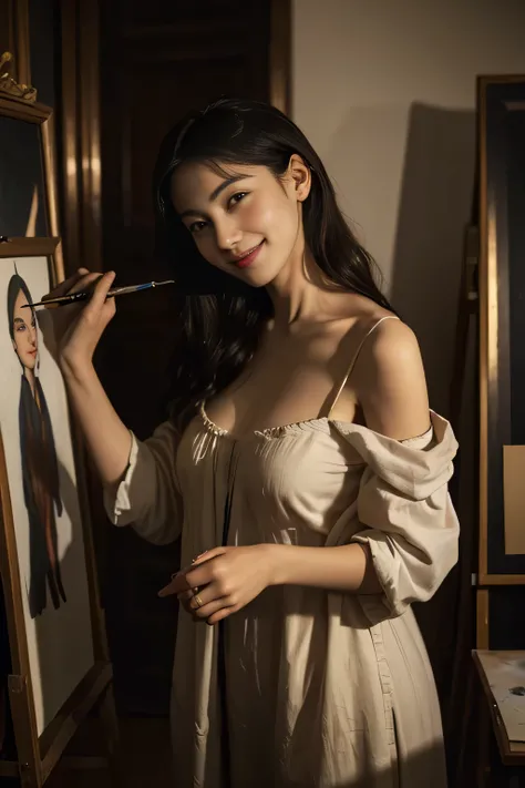 Woman painting oil painting on canvas in atelier,Easel,antique,A smile,,Sweet and seductive appearance.、Caravaggios paintings、Chiaroscuro of Caravaggio,,Cute smile, Expression of ecstasy,erotick,A sexy,Seduce you,pens,oil painting palette