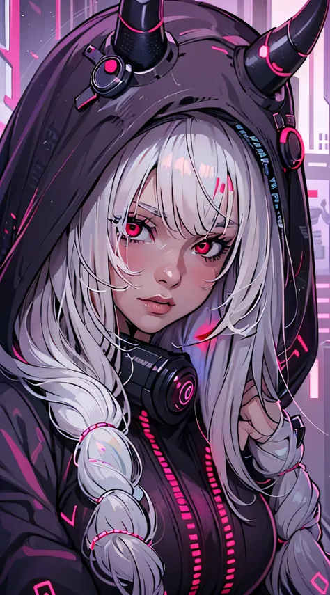 dreamy cyberpunk girl, cyberpunk art ultrarealistic, 1 girl, white hair, oversized black hoodie, cyber daemon, loli, cyberpunk, ...