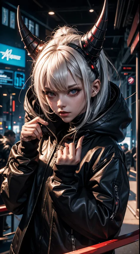 1 girl, white hair, oversized black hoodie, cyber daemon, loli, cyberpunk, ((cyber horns)), red eyes, cyberware, dreamy cyberpunk girl, cyberpunk art ultrarealistic, cybernetic hands, prosthetics, oni mouth mask