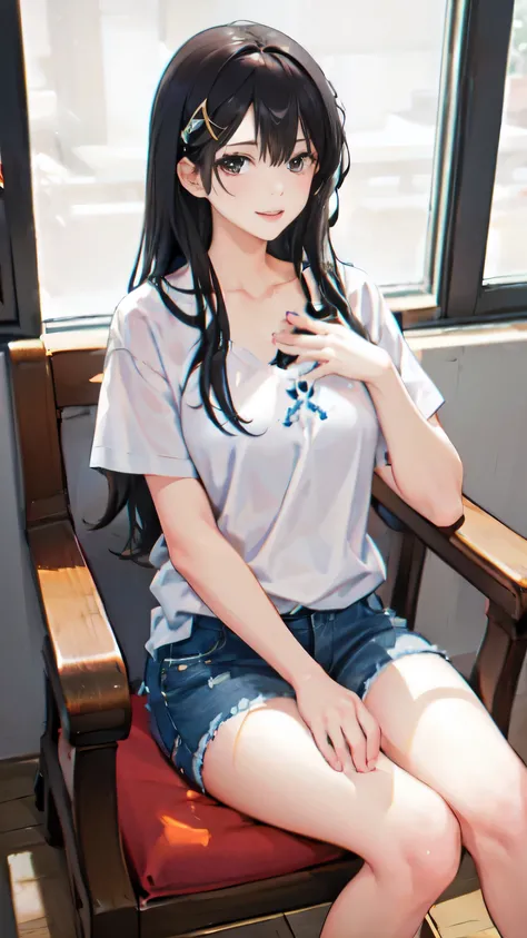 4k高清，1 girl, 独奏, black color hair，Wear denim shorts，sit on chair，Very accurate，Bigchest