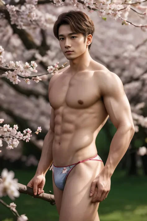 masterpiece,extremely detailed CG unity 8k wallpaper,1boy, beautiful, realistic, blurry, blurry_background, blurry_foreground, branch, brown_hair, plum blossom, depth_of_field, flower, nose, realistic, solo,chinese clothes, only wearing a thong