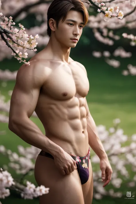 masterpiece,extremely detailed CG unity 8k wallpaper,1boy, beautiful, realistic, blurry, blurry_background, blurry_foreground, branch, brown_hair, plum blossom, depth_of_field, flower, nose, realistic, solo,chinese clothes, only wearing a thong