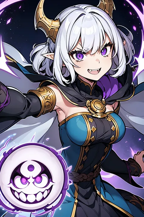 woman, focus on her head, very short wavy white hair, glowing menacing purple dragon eyes open wide, head tilted, crazed menacing wide smile, crazed face, in a long demure ornate blue dress, black long cloak with gold trim and the hood down, elf ears, spar...