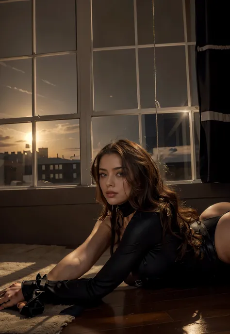 arafed woman in a black outfit laying on the floor, laying down, dominant pose, very seductive pose, looking off to the side, amber heard squatting on a bed, laying on her back, sexy dominant pose, skintight black bodysuit, wearing a black bodysuit, leanin...