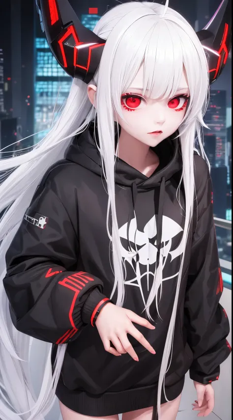 1 girl, white hair, oversized black hoodie, cyber daemon, loli, cyberpunk, ((cyber horns)), red eyes, cyberware, dreamy cyberpunk girl, cyberpunk art ultrarealistic, cybernetic hands, prosthetics, oni mouth mask