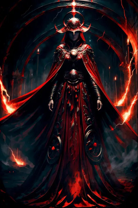 a blood man mage, detailed red tunic, torn red cape, majestic scepter, red aura, dark and mysterious atmosphere, ancient ruins, ...