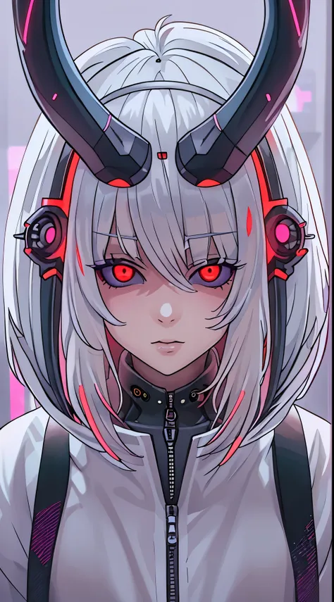 1 girl, white hair, oversized black hoodie, cyber daemon, loli, cyberpunk, ((cyber horns)), red eyes, cyberware, dreamy cyberpunk girl, cyberpunk art ultrarealistic, cybernetic hands, prosthetics, oni mouth mask