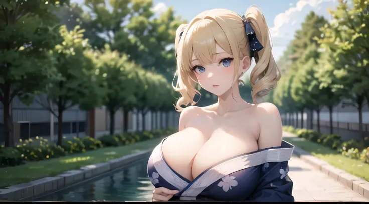 (huge breasts), (((masterpiece, best quality))), cute girl, twin tail blonde, bare shoulders, yukata, ((extremely detailed girl))