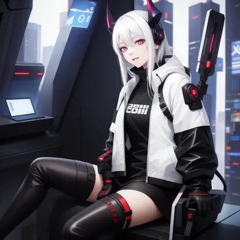 sitting on a wall with her legs crossed, 1 girl, white hair, oversized black hoodie, cyber daemon, loli, cyberpunk, ((cyber horns)), red eyes, cyberware, dreamy cyberpunk girl, cyberpunk art ultrarealistic, oni mouth mask