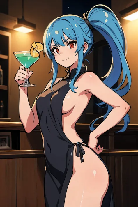 NSFW, upper part of body, (Alone) (1 girl, medium beautiful face:1.2) (Clone cocktail dress backless dress:1.3) (Rainbow hair mid-side ponytail), Glowing red eyes, serious smile, dynamicposes, off and on
(在非常黑暗的赛博朋克之夜厨房里off and on:1.3)  circular saw scythe...