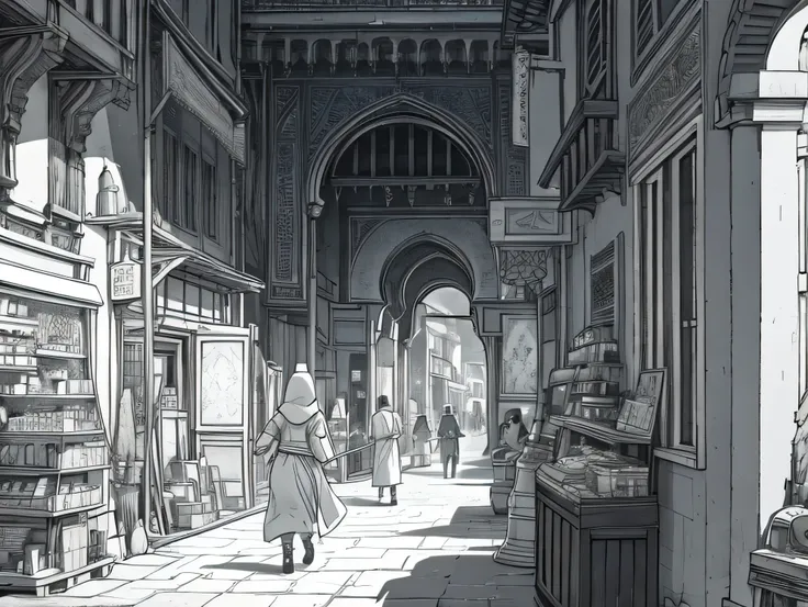 narrow alleyway, morocco architecture, crowded, vendors selling goods, kids running, happy, unforgettable moment, steampunk, lineart, (monochrome), (manga), anime, masterpiece, 8K, Magic fantasy 3D concept art, Amazing concept art, illustration, Cinematic ...