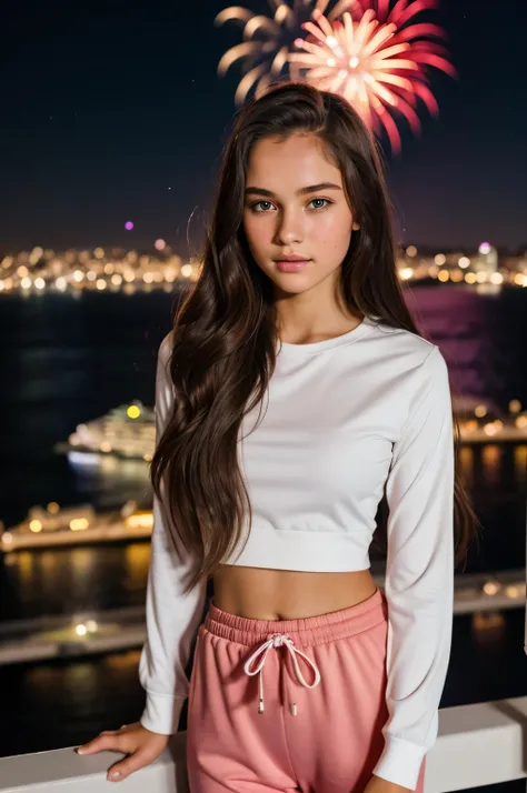 {there is a young girl watching some fireworks. she is beautiful, and attractive. she is wearing a white top and pink track pant...