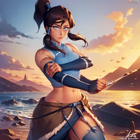 korra, dark skin, dark-skinned female, ponytail, muscular female, nsfw, high quality, detailed, high resolution,