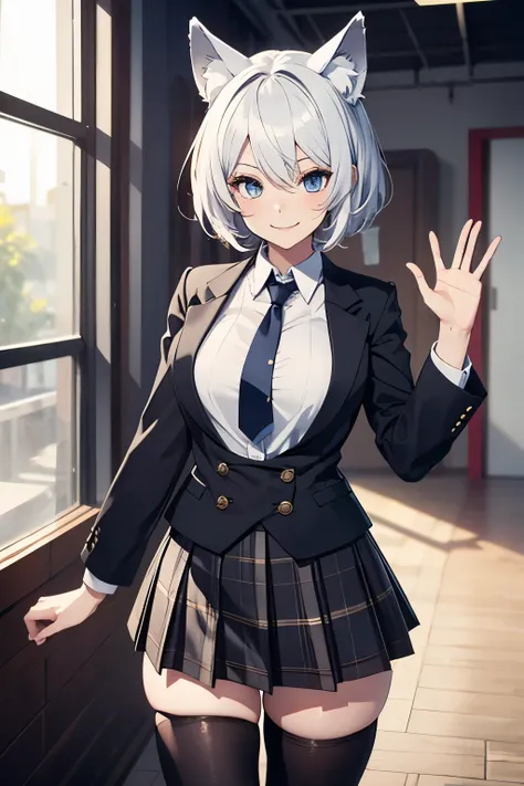 masutepiece　 The highest image quality　Super vivid　portlate　One lady（（Adults））　校服（（blazers）（neck tie））　a miniskirt（Plaid）　Black stockings　A sexy　cheek（rot）　A smile　The hair（hair（short-hair）（Wave）　White hair　Eye color is blue　Wolf ears　is standing