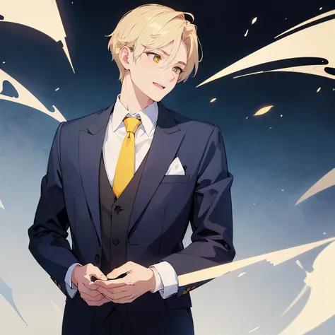 (looking away:1.5), Shooting from the side、​masterpiece、hightquality、25 year old man with short blonde hair and yellow eyes、(Wearing a dark blue suit:1.2)、white  shirt、red necktie、(Alone:1.5)、(smile:1.1)、open mouth, (Only the upper body is shown.:1.3)、The ...