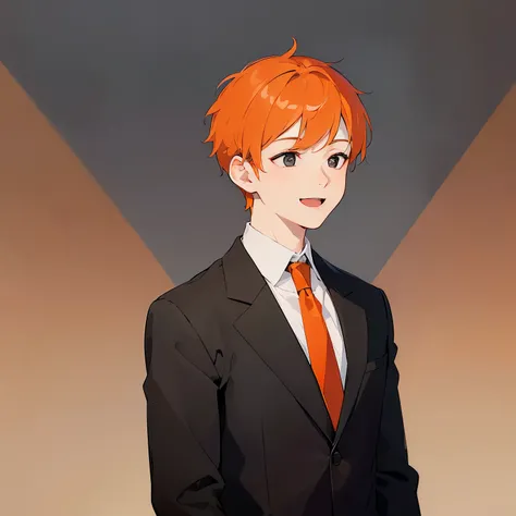 (looking away:1.5), Shooting from the side、​masterpiece、hightquality、25 year old man with short orange hair and black eyes、(wears a black suit:1.2)、white  shirt、red necktie、(Alone:1.5)、(smile:1.1)、open mouth, (Only the upper body is shown.:1.3)、The backgro...