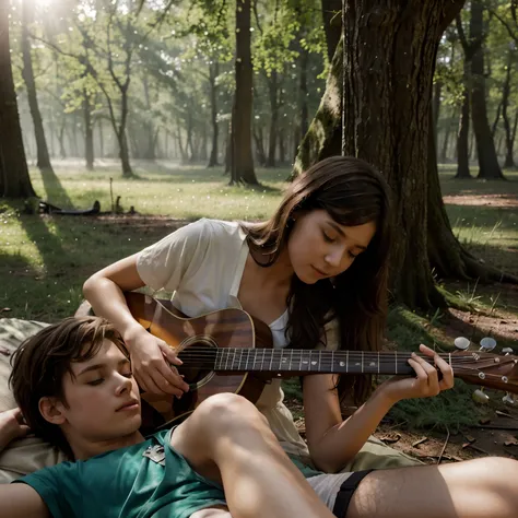 a misty forest, soft sunlight, a girl lying with a boy under the tree holding a guiter