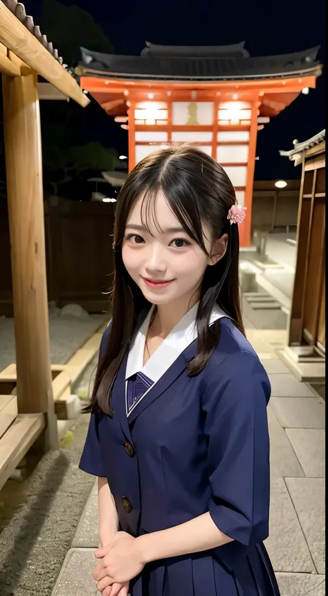 A temple in Kyoto at night, a woman, smiling, 20 years old, school uniform,