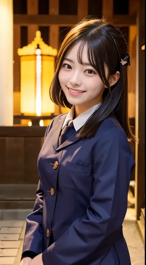 A temple in Kyoto at night, a woman, smiling, 20 years old, school uniform,