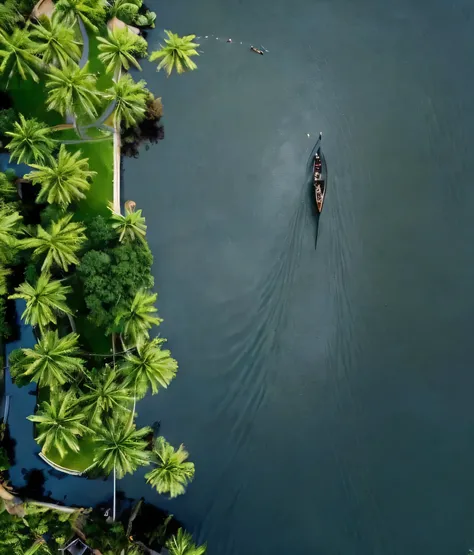 aerial view of a person rowing a boat on a river, drone photography, inspiring birds eye vista view, very beautiful!! aerial shot, drone photograpghy, shot from a drone, overhead photography, by Max Dauthendey, [ overhead view ]!!, perspective shot from th...