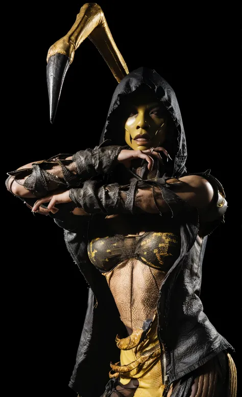 (masterpiece),(best quality:1.0),(ultra highres:1.0), DVorah, monster girl, mortal kombat, yellow body skin color,body yellow sexy girl, detailed beautiful, face focus, worn hood , black bra, skinny,claws, wallpaper 8k, makeup,full body