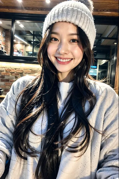 1 girl, winter clothes, beanie, smiling