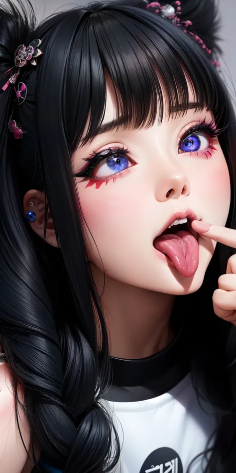 there is a woman sticking out her tongue with her tongue out, she has a cute expressive face, tongue out, with long hair and piercing eyes, sexy look at the camera, cruel korean goth girl, anime thai girl, she has a cute face, wan adorable korean face, ahe...