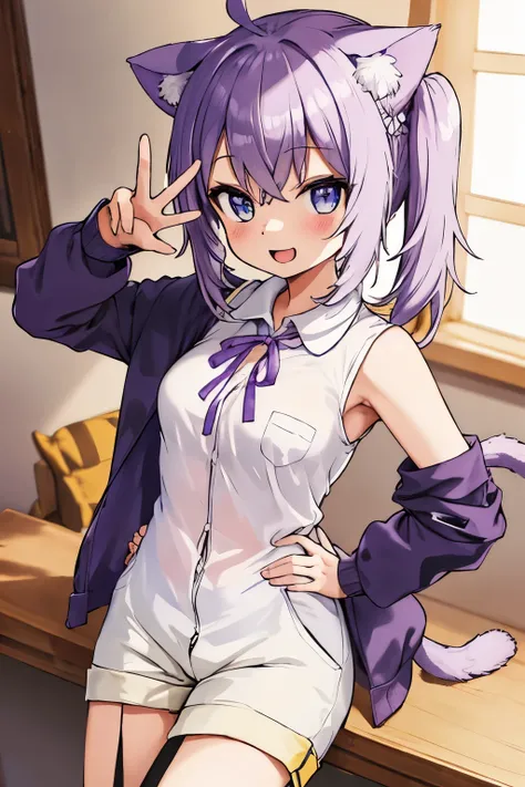 masterpiece, best quality, highres, ro1, hair bun, blue eyes, twintails, visor cap, pantyhose, raglan sleeves, yellow shorts, shirt, pink bow, wristwatch, standing, hand on hip, smile, open mouth, (sparkle:1.1), peace_sign, okayucasual, dress shirt, purple...