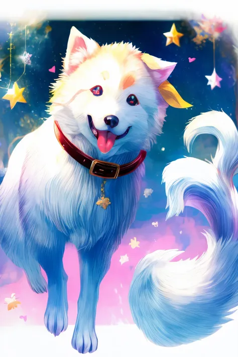 Niji Pride, solo, smile, open mouth, tail, heart, tongue, tongue out, star (symbol), collar, no humans, sparkle, fangs, looking up, dog, animal focus, sparkling eyes, fluffy