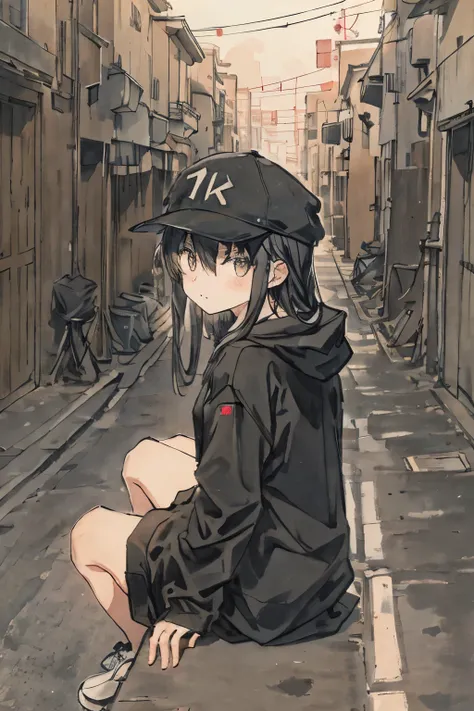 Black hoodie、caps、A girl sitting on an outdoor unit、Back alley、murky、buliding