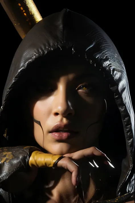 (masterpiece),(best quality:1.0),(ultra highres:1.0), DVorah, monster girl, mortal kombat,beautiful girl, yellow body skin color,body yellow, sexy girl, detailed beautiful, face focus, worn hood , skinny,claws, wallpaper 8k, makeup,full body