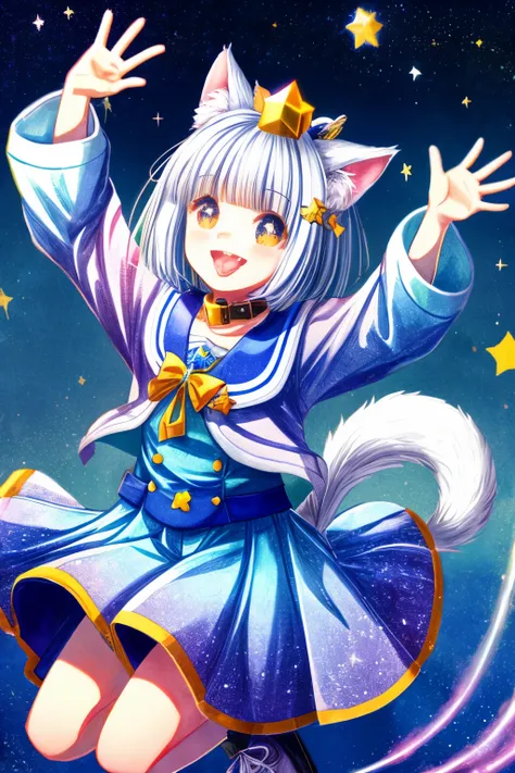 Niji Pride, solo, smile, open mouth, tail, heart, tongue, tongue out, star (symbol), collar, no humans, sparkle, fangs, looking up, dog, animal focus, sparkling eyes, fluffy