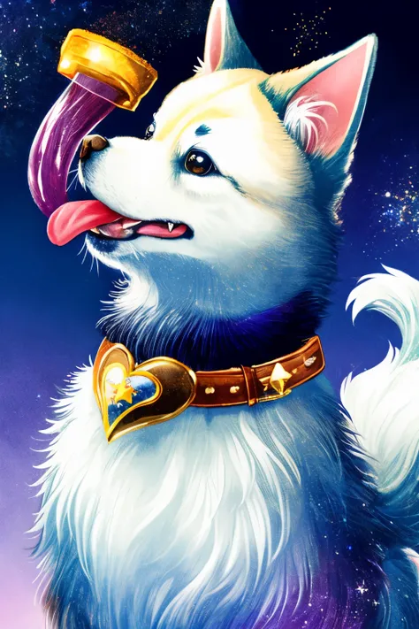 Niji Pride, solo, smile, open mouth, tail, heart, tongue, tongue out, star (symbol), collar, no humans, sparkle, fangs, looking up, dog, animal focus, sparkling eyes, fluffy