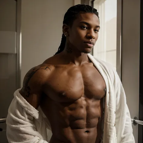 A teenage black boy with a buff, muscular physique. He has waves. Ear studs. Neck and body tattoos. He is wearing a sheer robe. Rear-facing. Looking over his shoulder.